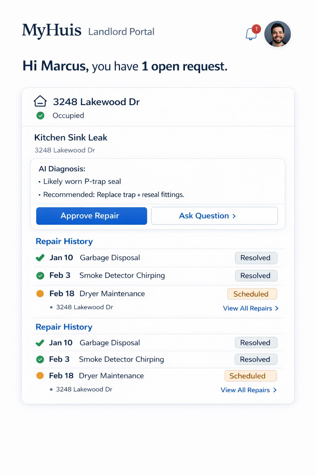 MyHuis Landlord Portal showing property overview and maintenance requests