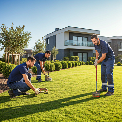 Professional crew maintaining a suburban lawn